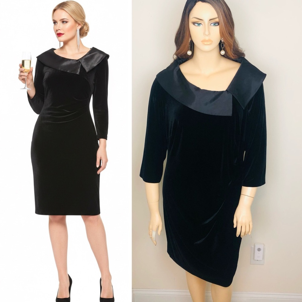 Jessica Howard Velvet Satin Collar Solid Black Cocktail Formal Evening Dress 18W